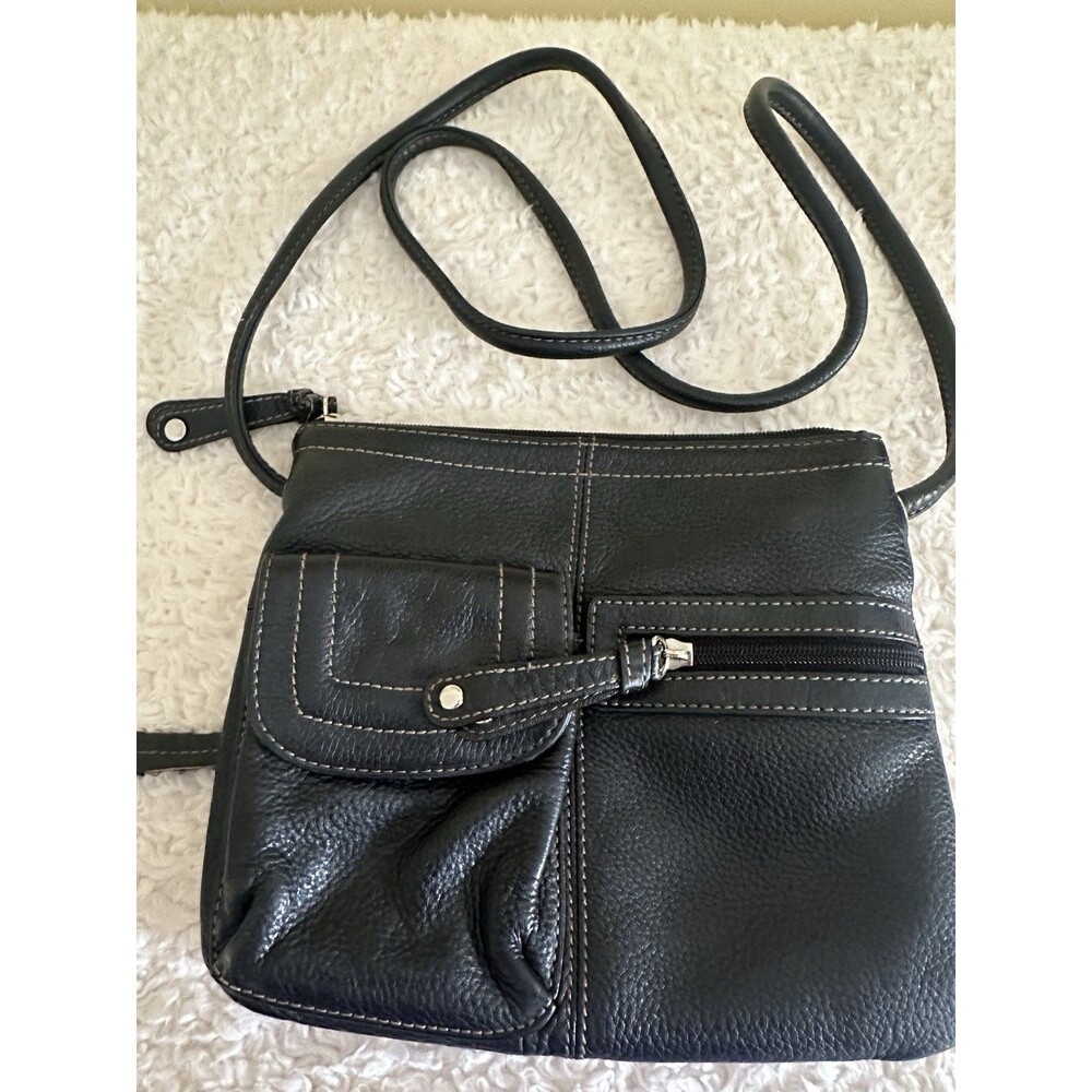 Tignanello Pebbled Leather Crossbody Purse Black Organizer Multi Pocket 8x9